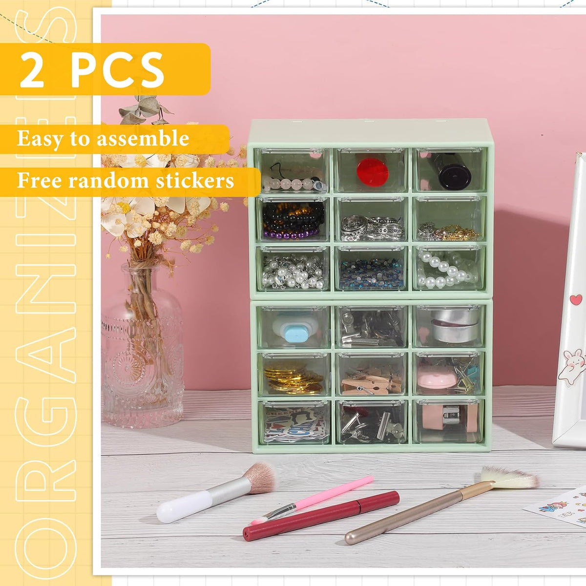 Wenqik 2 Pcs Mini Storage Drawers with 9 Clear Drawers, Green