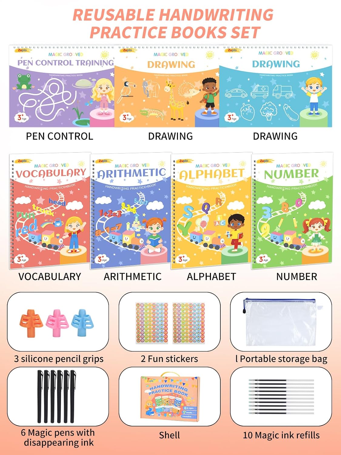 Magic Grooved Writing Practice for Kids Ages 3-8, Reusable Workbooks