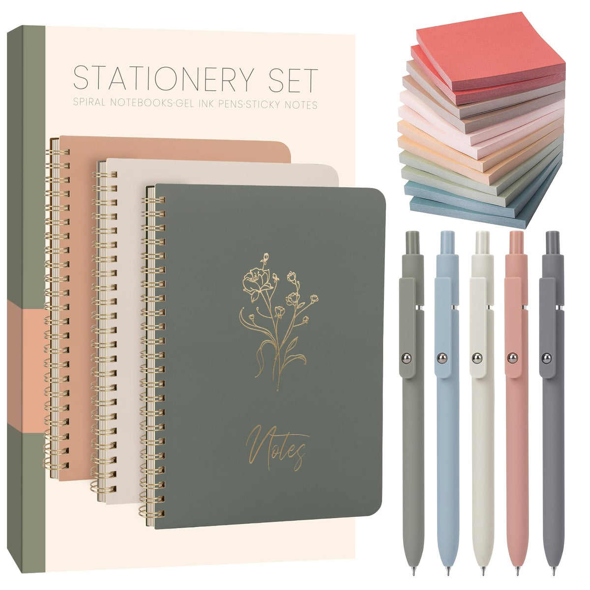 Cute Spiral Notebook Set For Women, Bible Journal Set, 3 Pack A5 Spiral Notebook + 5 PCS Gel Pens + 600 Sticky Notes + Gift Box, Aesthetic Gift Set for Work Students School Office Supplies