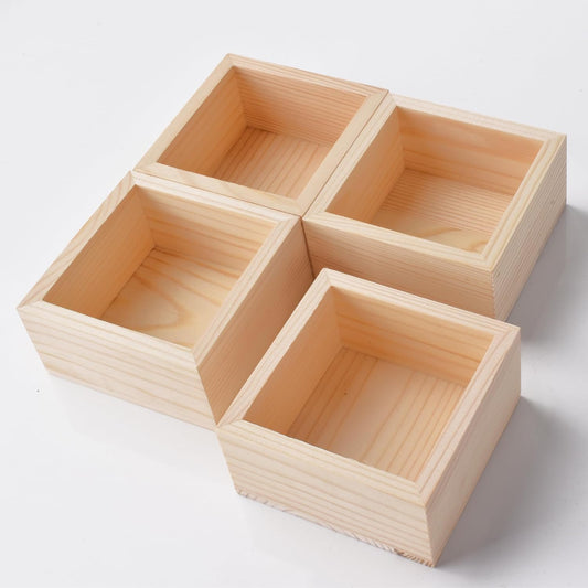 4 Pack Square Unfinished Pine Wood Storage Boxes, Natural Wooden Organizer Bins for Desktop, Bathroom, Kitchen, DIY Crafts, 8x8x4cm (small boxes 4p)