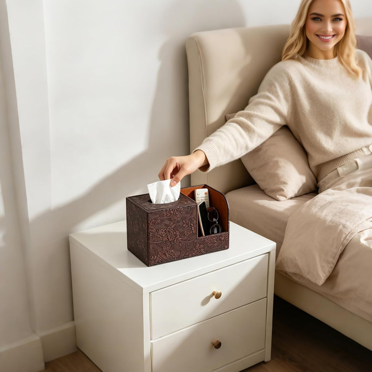 PU Leather Tissue Box Cover Square Tissue Holder Tissues Box Organizer with 2 Compartment,Remote Control Holder,Multifunctional Decorative Tissue Box Covers Cube,Home Office Desktop Storage Box,Retro
