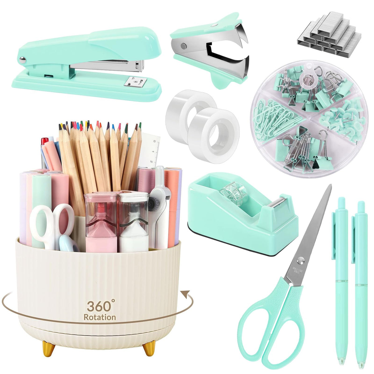 SKYDUE Pink Desk Accessories 11Pcs with Rotating Pen Holder for Desk