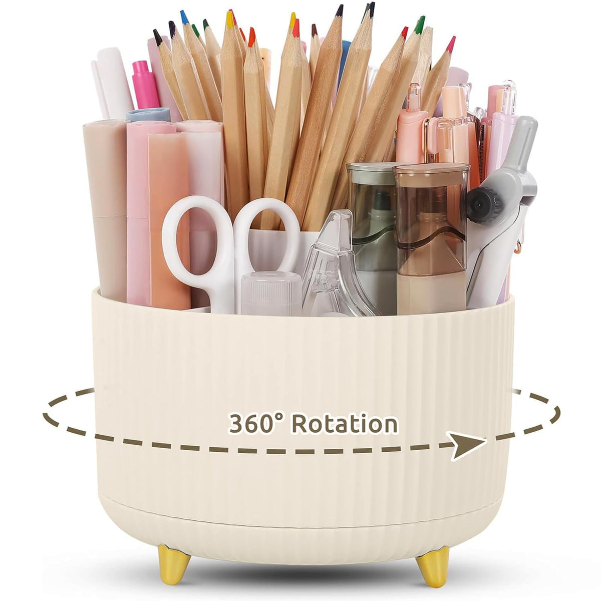 KONVINIT Pencil Pen Holder for Desk, 5 Slots 360 - Degree Rotating Desktop Organizer, Cute Desk Organizers and Accessories for School, Home, Office and Art Supply, Black