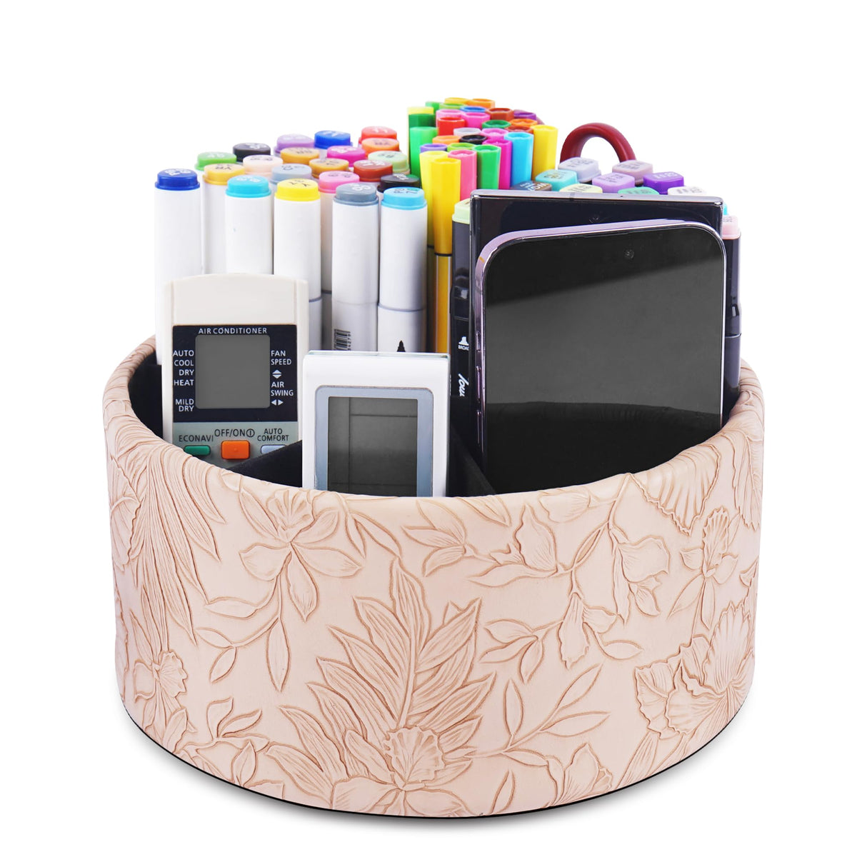 Round Leather Art Supply Organizer,Remote Control Holder,360 Degree Rotating,Multi-Functional Pencil Holder,4 Compartments Desktop Stationary Organizer(1-Fractal Flower)