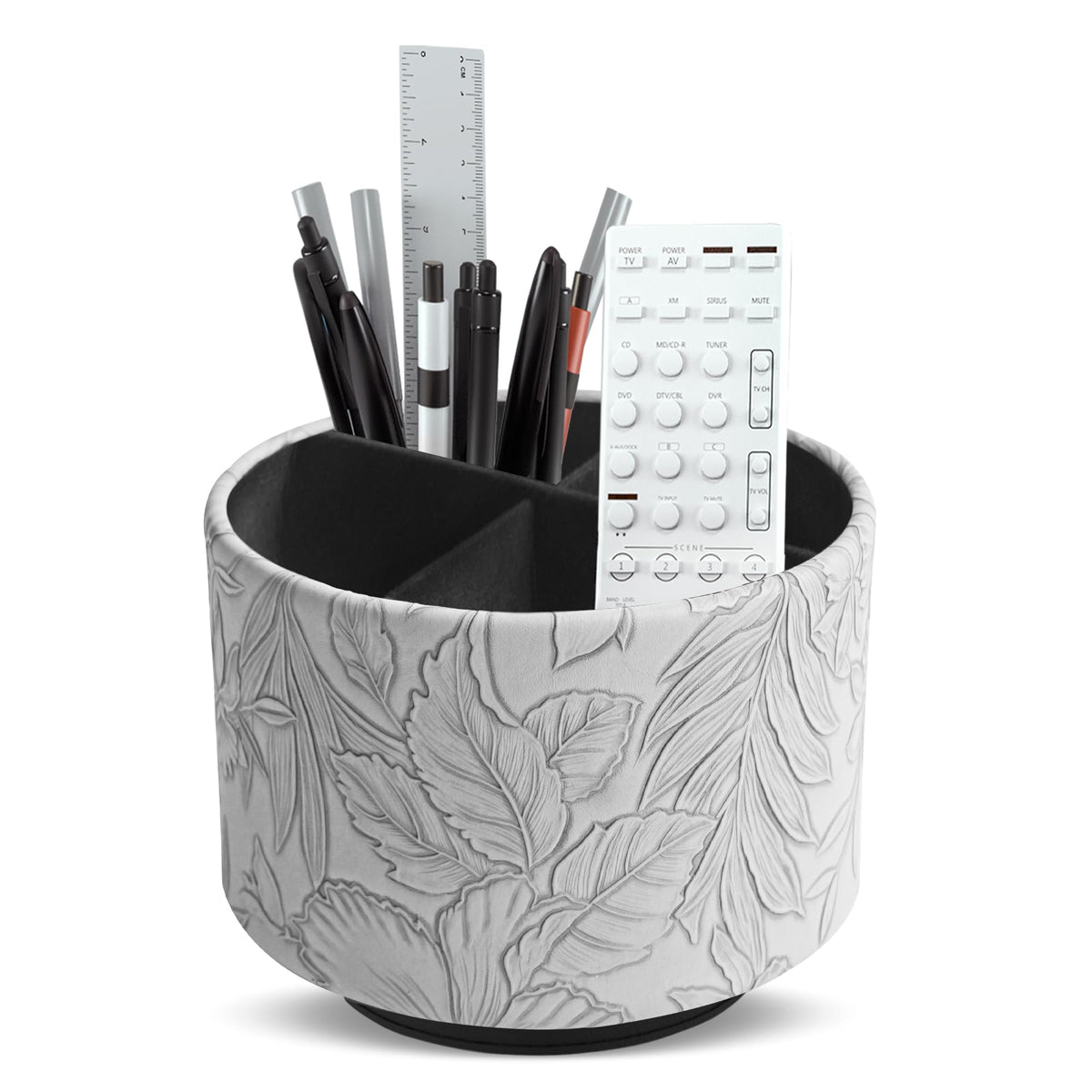 Round Leather Art Supply Organizer,Remote Control Holder,360 Degree Rotating,Multi-Functional Pencil Holder,4 Compartments Desktop Stationary Organizer(1-Fractal Flower)