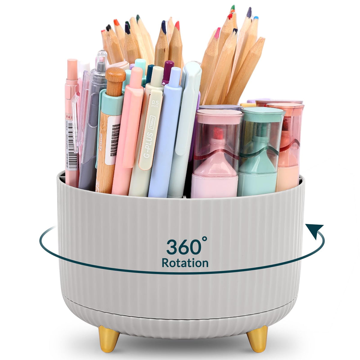 KONVINIT Pencil Pen Holder for Desk, 5 Slots 360 - Degree Rotating Desktop Organizer, Cute Desk Organizers and Accessories for School, Home, Office and Art Supply, Black