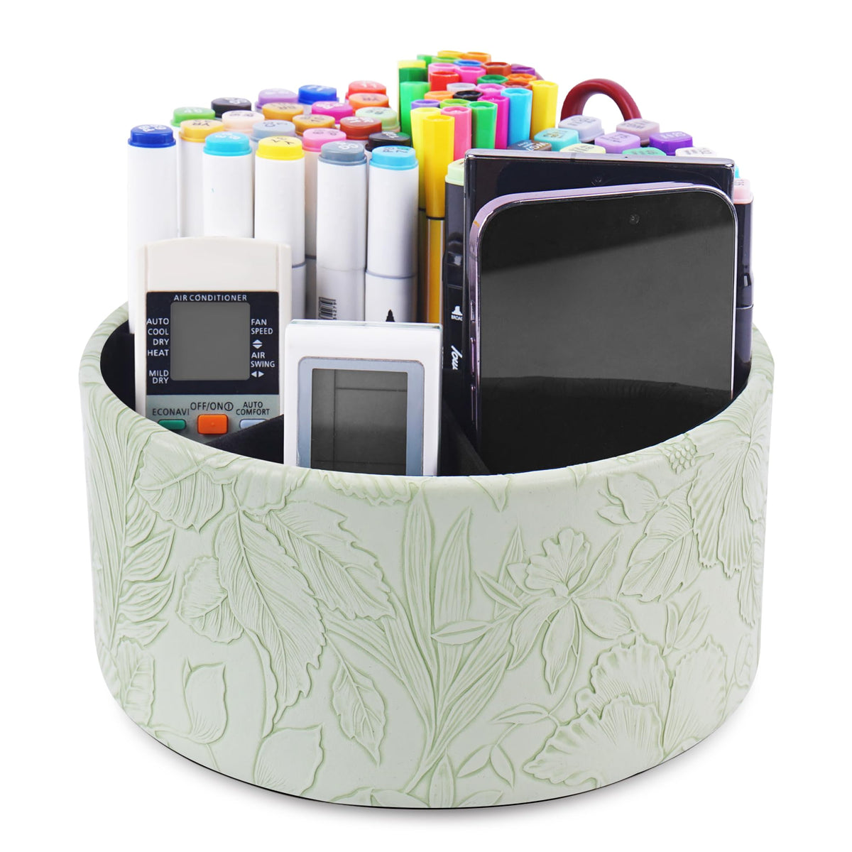 Round Leather Art Supply Organizer,Remote Control Holder,360 Degree Rotating,Multi-Functional Pencil Holder,4 Compartments Desktop Stationary Organizer(1-Fractal Flower)