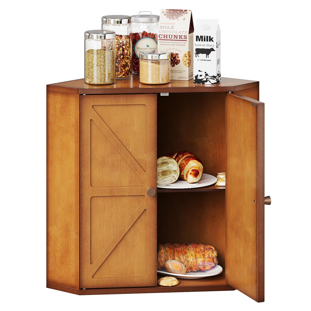 Trironsun Corner Bread Box for Kitchen Counter Double Layer Bamboo Bread Storage Container Large Capacity Bread Storage Bin Farmhouse Breadbox Organizer (White)