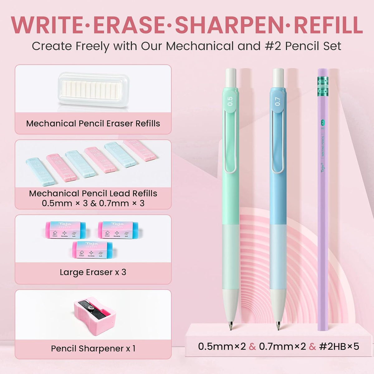 Taja Cute Pencil Case With School Supplies, 39 PCS, Stationery Set, Pink