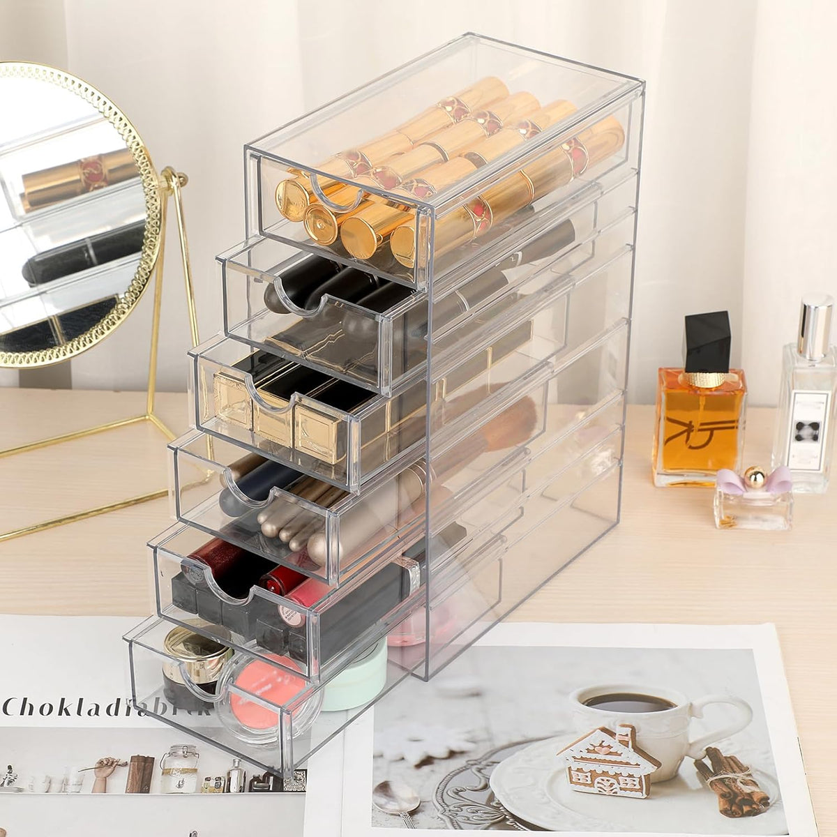 Hipiwe Plastic Drawer Organizer Desktop Storage Box with 6 Pull Out Drawers