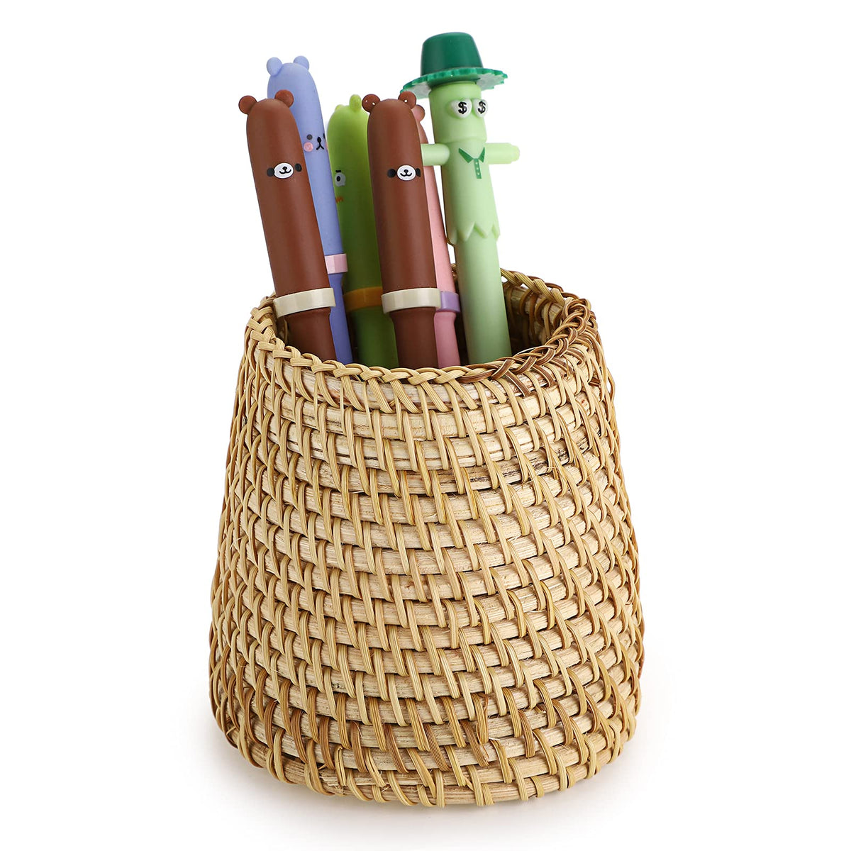 BTSKY Rattan Pen Cup, Handmade Desk Pencil Holders Makeup Brush Holder Multi-Functional Woven Basket Office&Home Desktop Organizer(Cylinder)