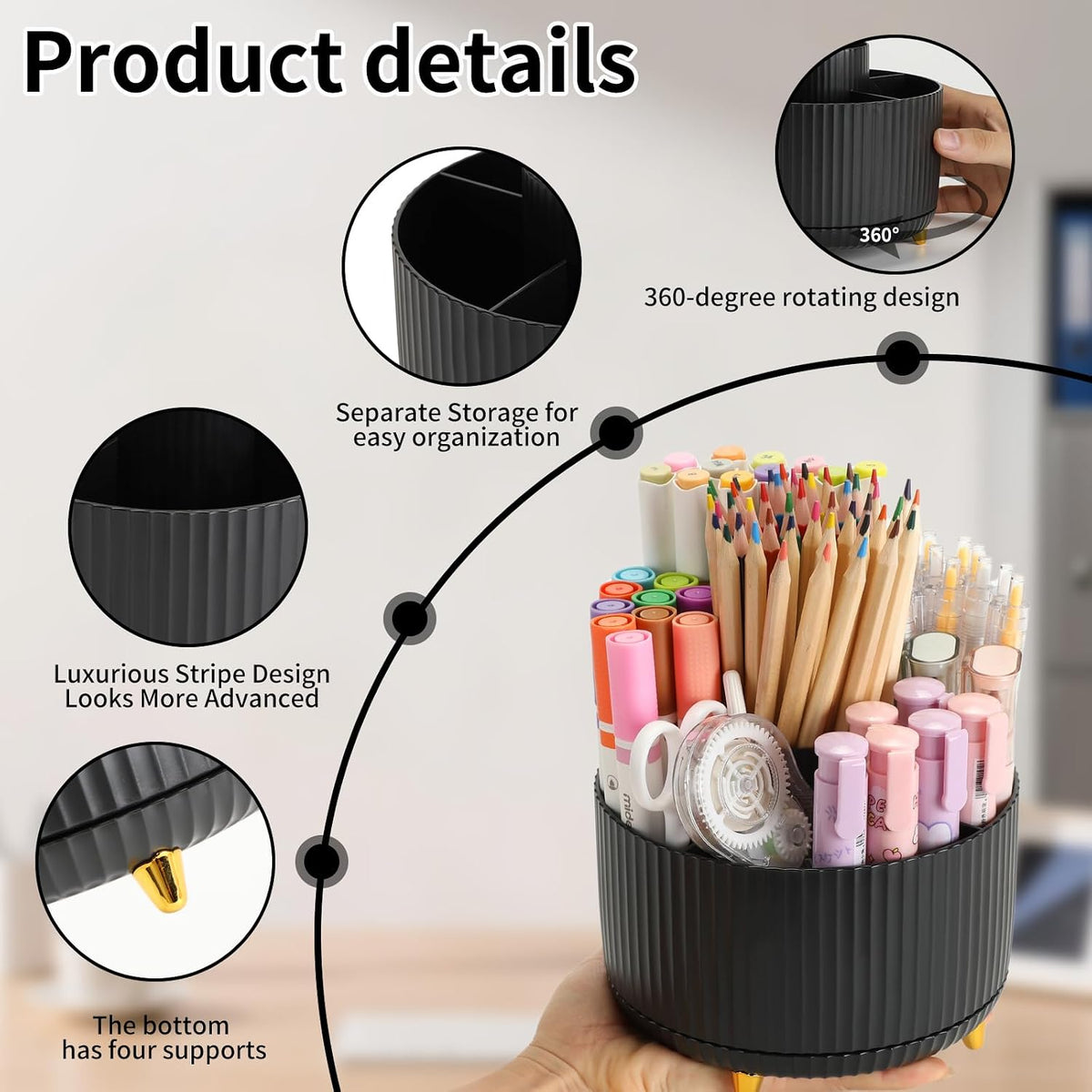 Camelmother 360°Rotating Pen&Pencil Holder For Desk With 5Slots Cute Office