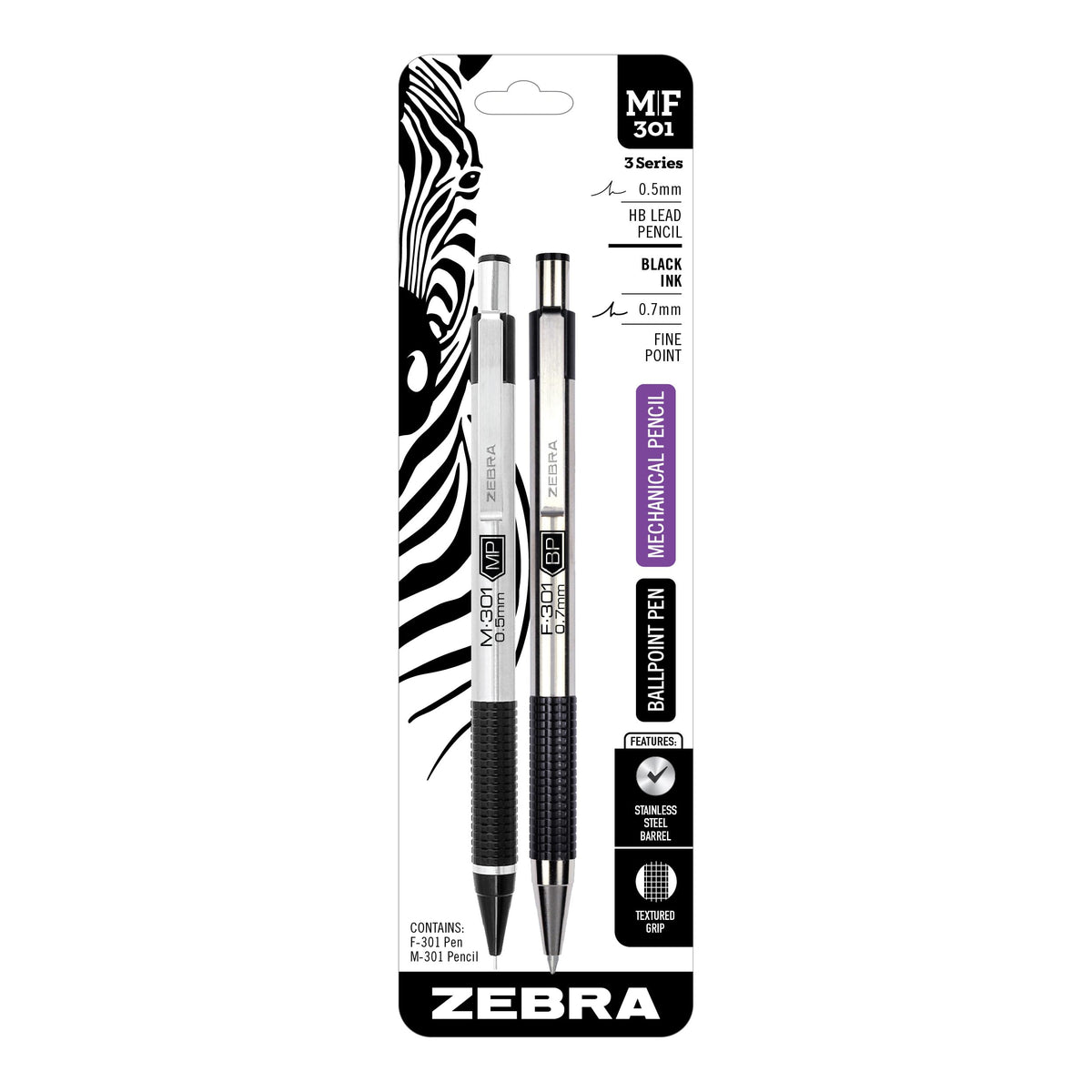 Zebra Pen STEEL G-750 & M-701 Retractable Pen and Pencil Gift Set, 2-Pack