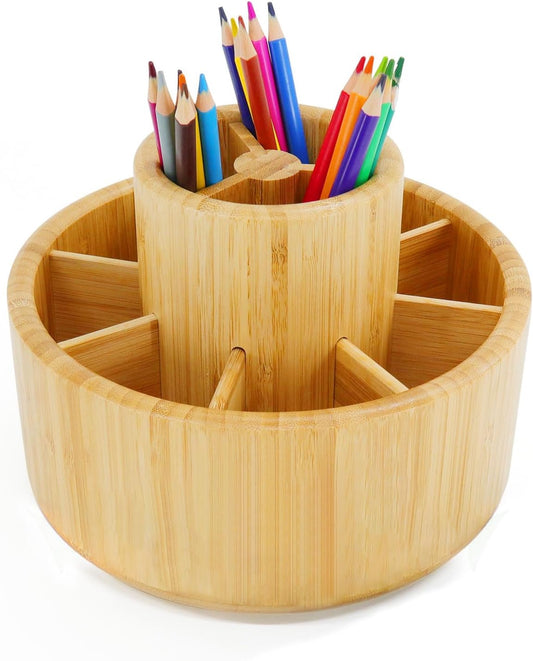 Utoplike Bamboo Rotating Art Supply Desk Organizer, Pencil Holder Desktop
