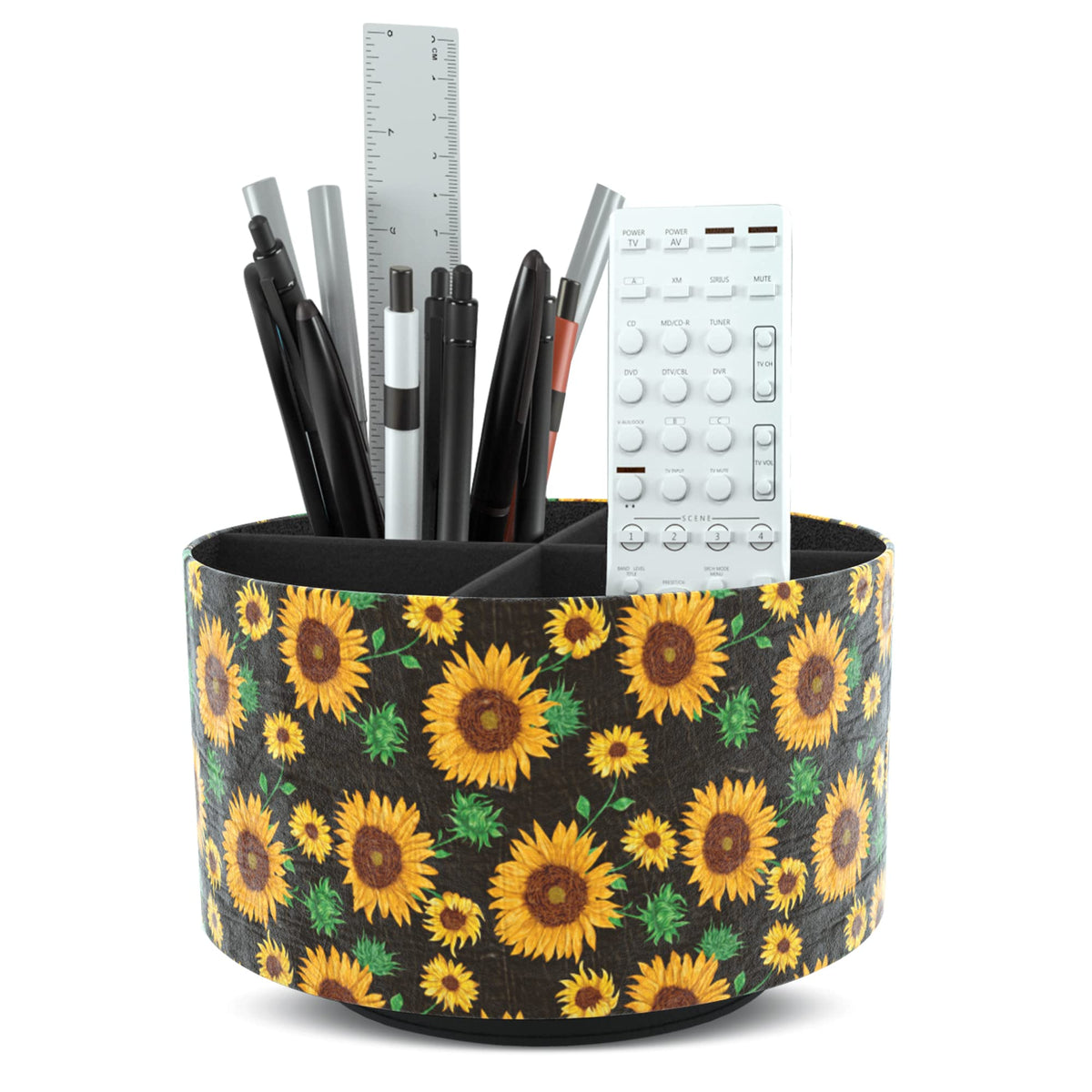 Round Leather Art Supply Organizer,Remote Control Holder,360 Degree Rotating,Multi-Functional Pencil Holder,4 Compartments Desktop Stationary Organizer(1-Fractal Flower)