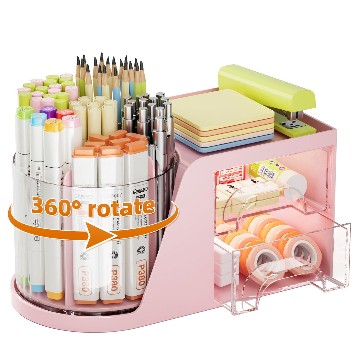 Marbrasse Desk Organizer with 2 Drawer, 360°Rotating Pen Holder, Desk Organizers and Accessories with 6 Slots Pencil Holder + 2 Drawer, Art Supply Storage Box Caddy for Office (Black)