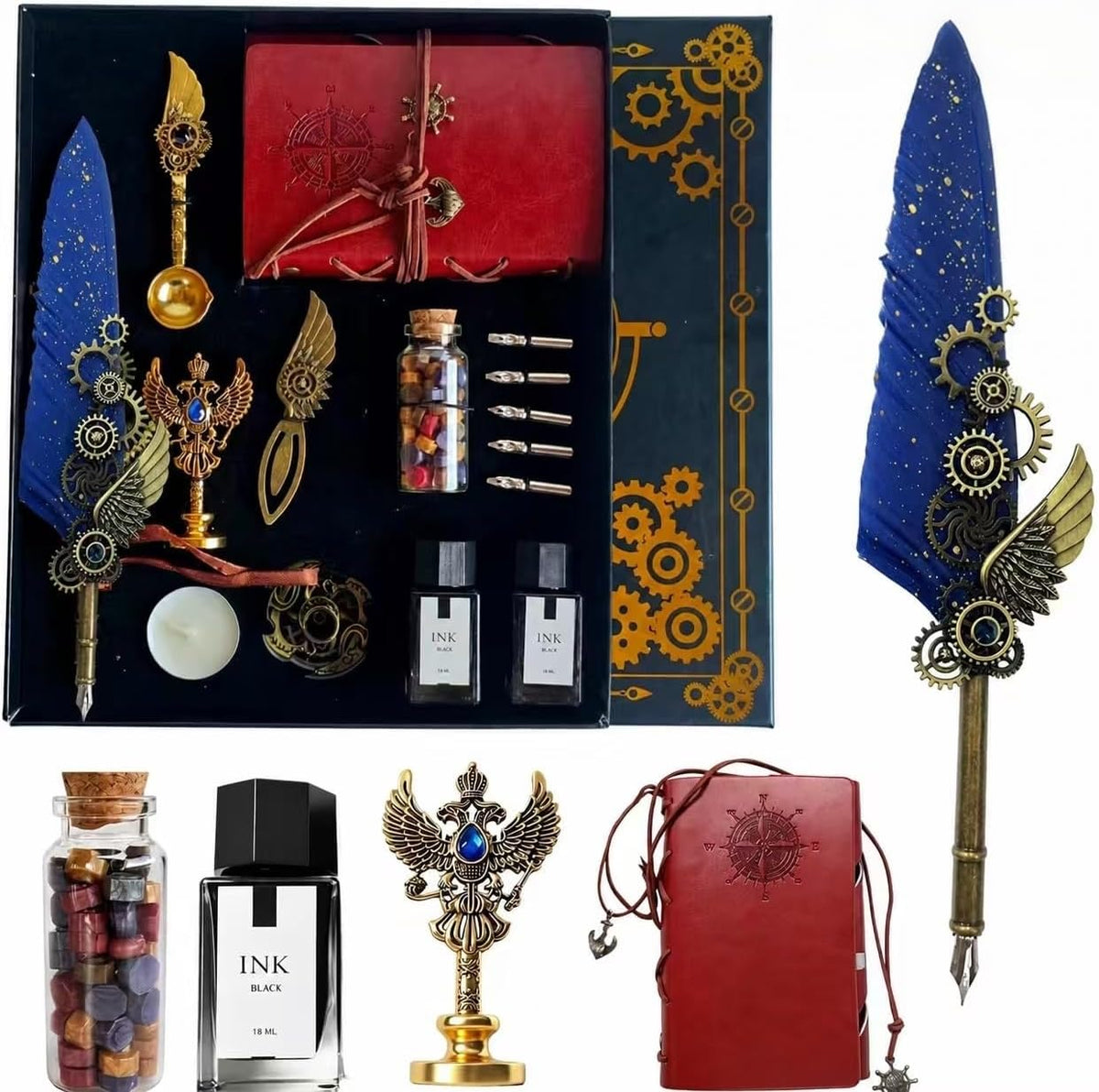 Steampunk Quill,Calligraphy Set,14PCS Stationery Kit,Navy