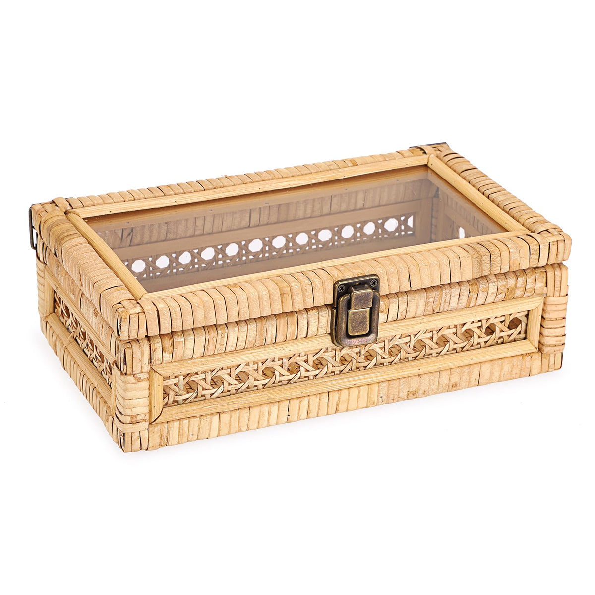 Hipiwe Rattan Display Box with Clear Lid Rectangular Wicker Storage Basket