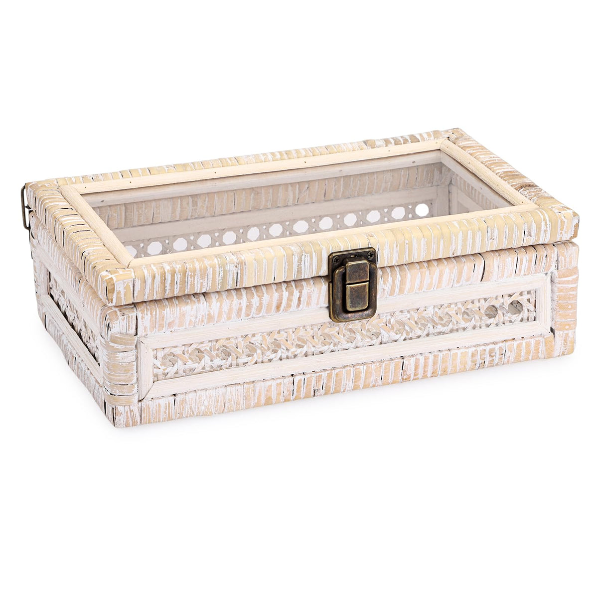 Hipiwe Rattan Display Box with Clear Lid Rectangular Wicker Storage Basket