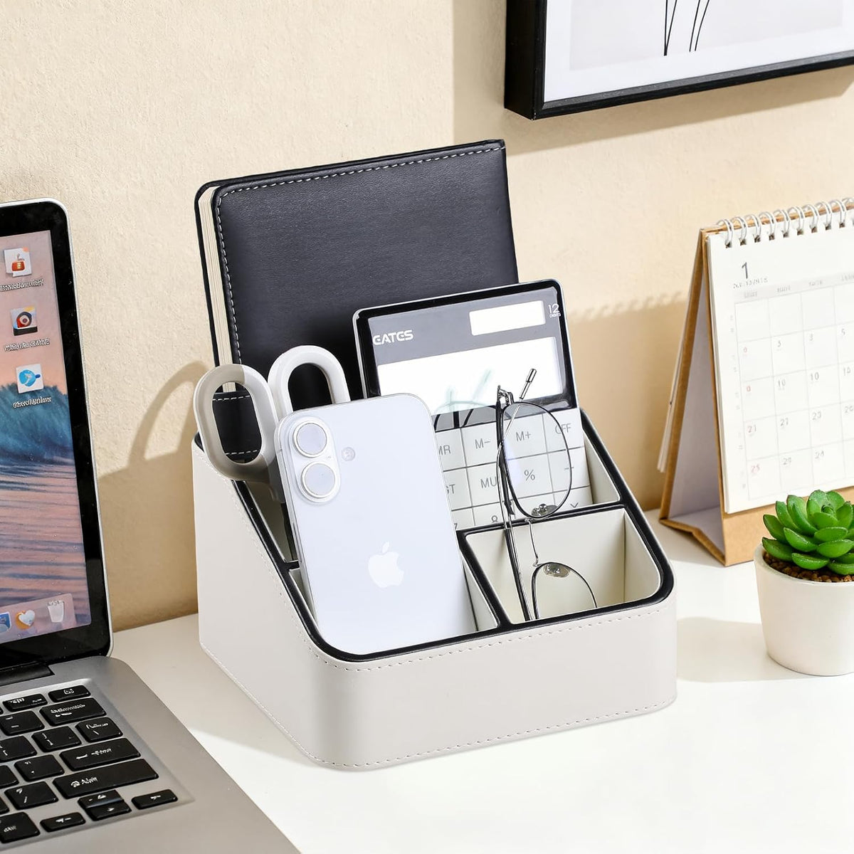 PU Leather Remote Control Holder, Nightstand Organizer with 4 Compartments