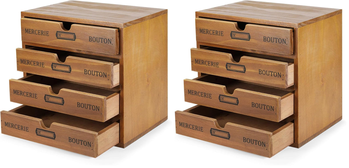 Flexzion Wooden Storage Box with 4 Drawers, Vintage Desktop Organizer