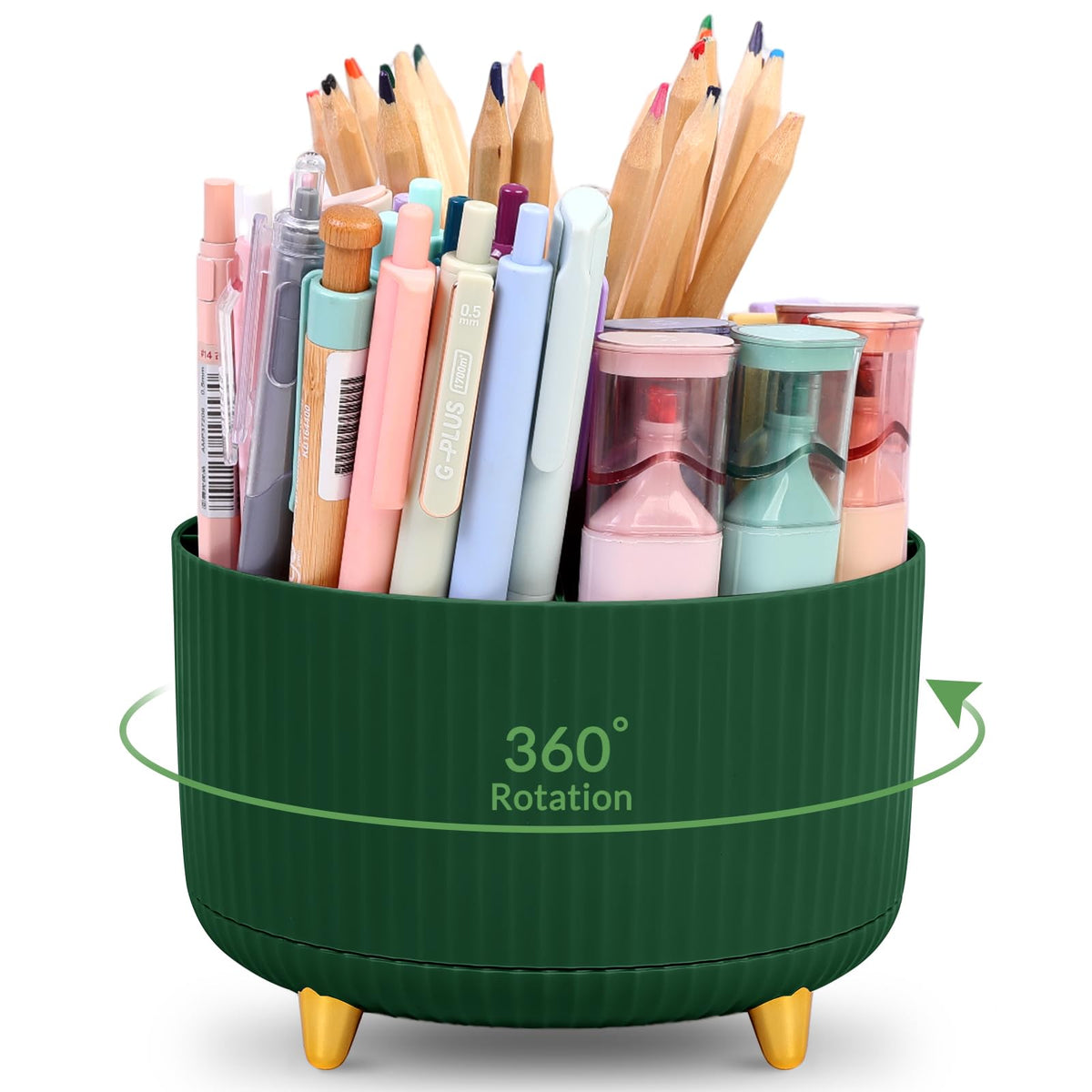 KONVINIT Pencil Pen Holder for Desk, 5 Slots 360 - Degree Rotating Desktop Organizer, Cute Desk Organizers and Accessories for School, Home, Office and Art Supply, Black