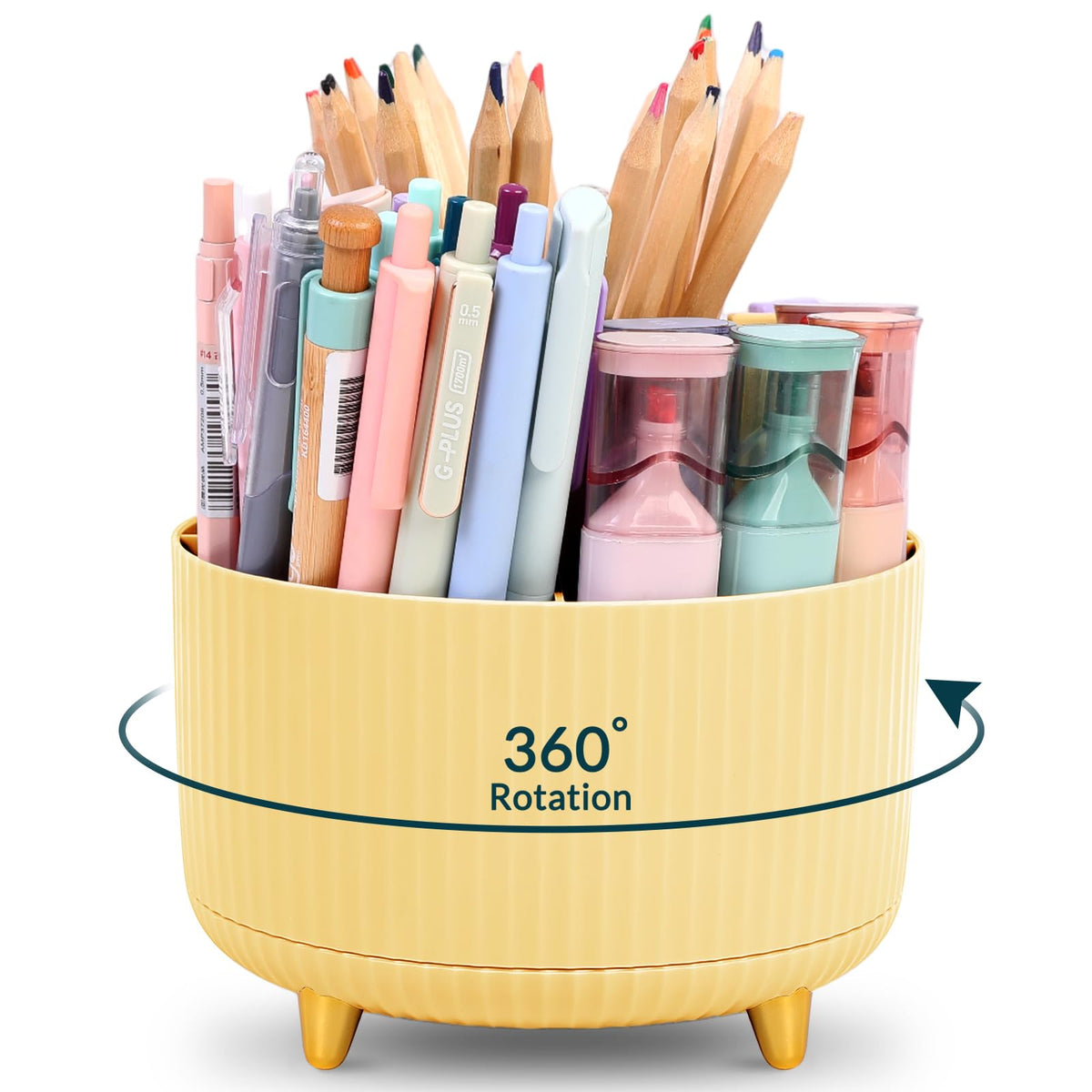 KONVINIT Pencil Pen Holder for Desk, 5 Slots 360 - Degree Rotating Desktop Organizer, Cute Desk Organizers and Accessories for School, Home, Office and Art Supply, Black