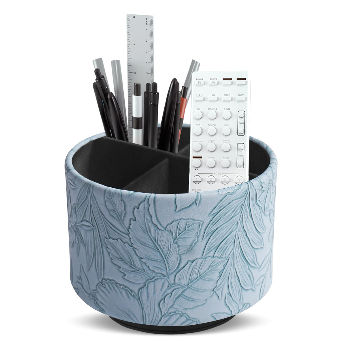 Round Leather Art Supply Organizer,Remote Control Holder,360 Degree Rotating,Multi-Functional Pencil Holder,4 Compartments Desktop Stationary Organizer(1-Fractal Flower)
