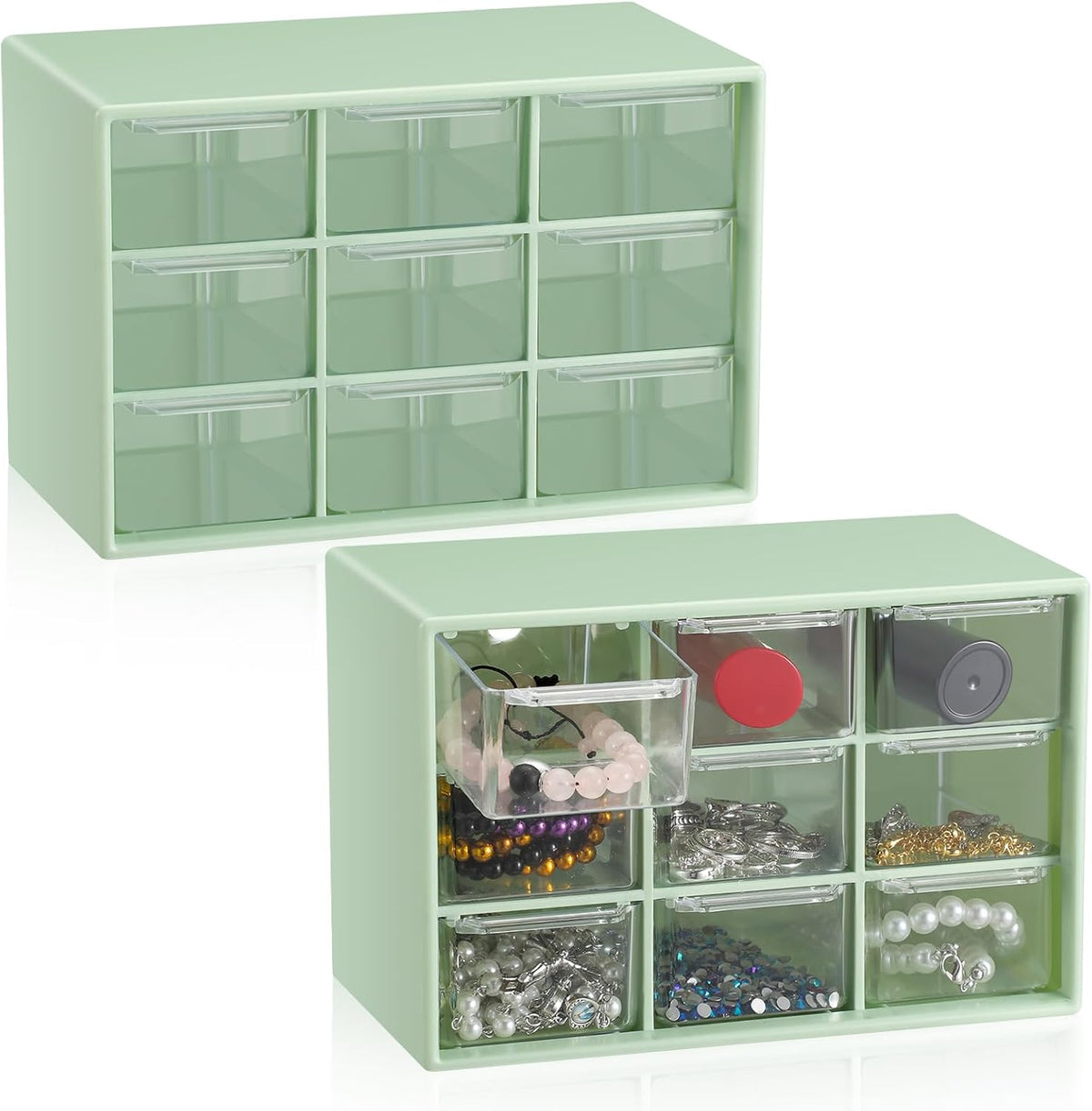 Wenqik 2 Pcs Mini Storage Drawers with 9 Clear Drawers, Green