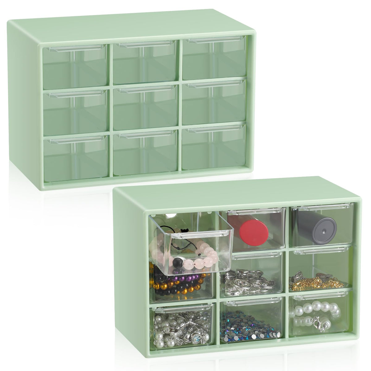 Wenqik 2 Pcs Mini Storage Drawers with 9 Clear Drawers, Green