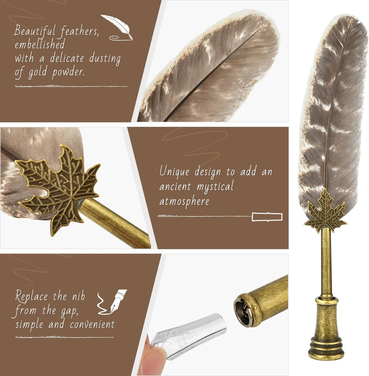 Hethrone Calligraphy Quill Pen Feather Pen and Ink Set,Brown