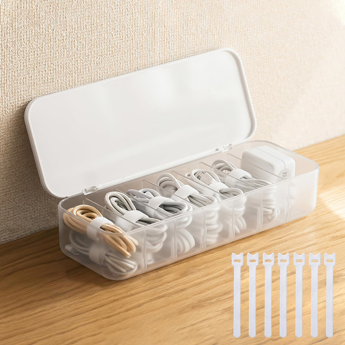 PAVSTINE 2 Pcs Cable Organizer Storage Box with Lid, 14 Wire Ties, White
