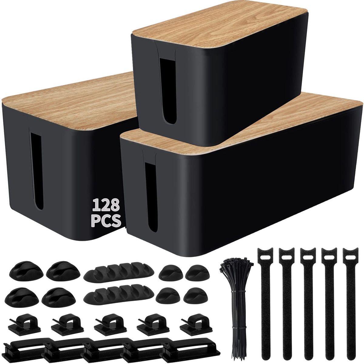 128PCS Cable Management Box 3Pack Cable Management Kit for Power Strip to Hide Wires,Cord Hider Boxes,Cord Box Safe ABS Material Wire Organizer of Cable Clips Sleeve for Home & Office, White