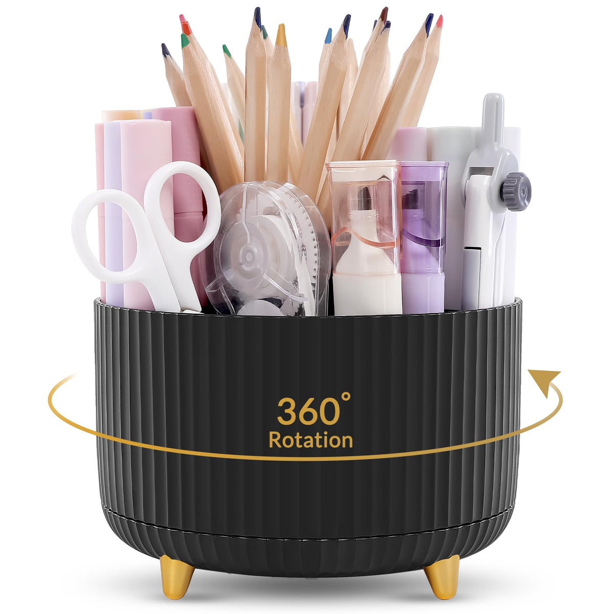 KONVINIT Pencil Pen Holder for Desk, 5 Slots 360 - Degree Rotating Desktop Organizer, Cute Desk Organizers and Accessories for School, Home, Office and Art Supply, Black