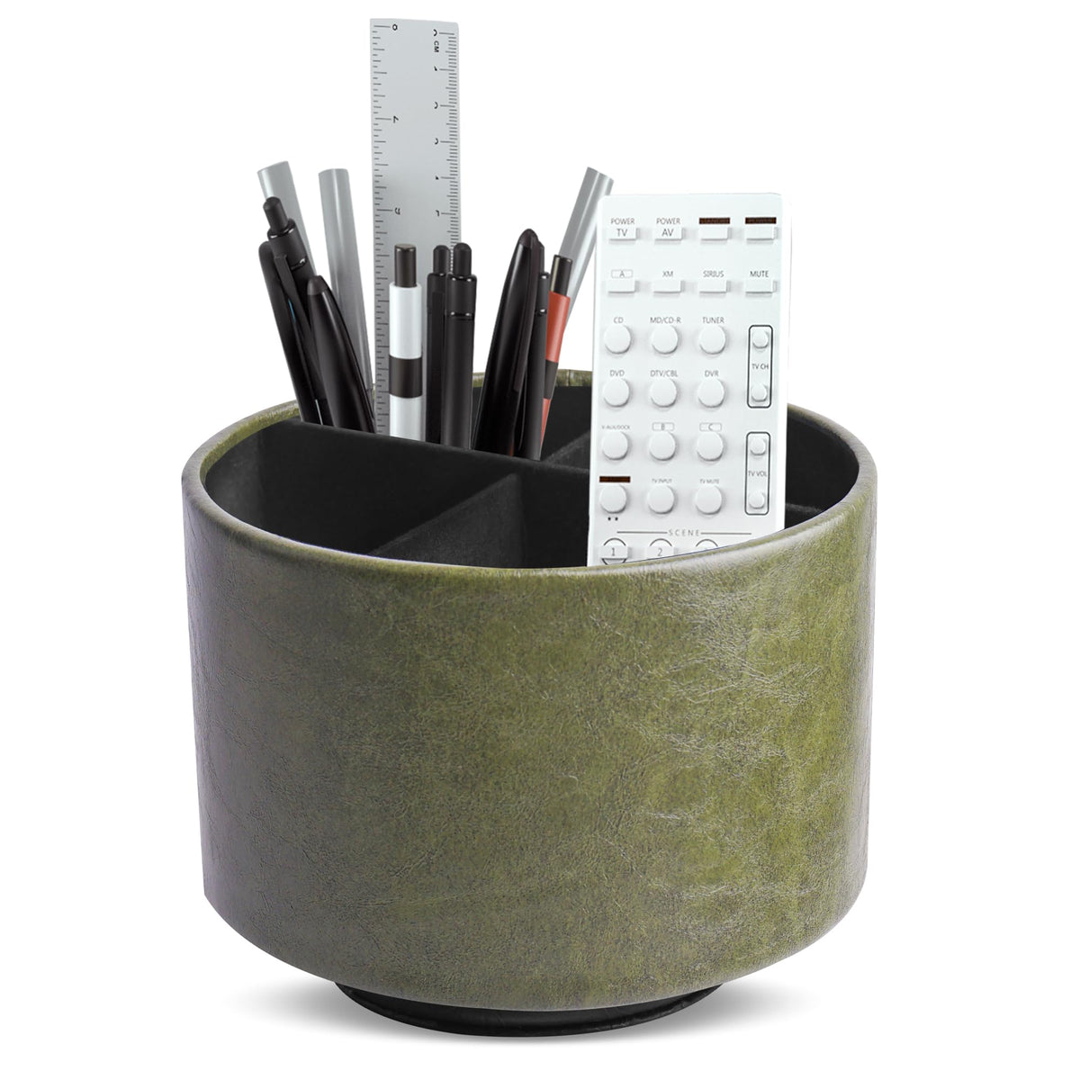 Round Leather Art Supply Organizer,Remote Control Holder,360 Degree Rotating,Multi-Functional Pencil Holder,4 Compartments Desktop Stationary Organizer(1-Fractal Flower)
