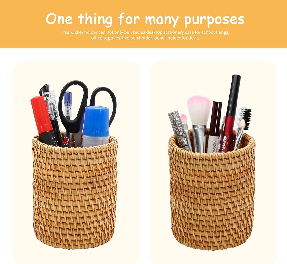 2 Pack Rattan Pencil Holder for Desk Handmade Pen Organizer Bucket Boho Desk Accessories Pen Cup Holder Aesthetic Holder for Desk Cute