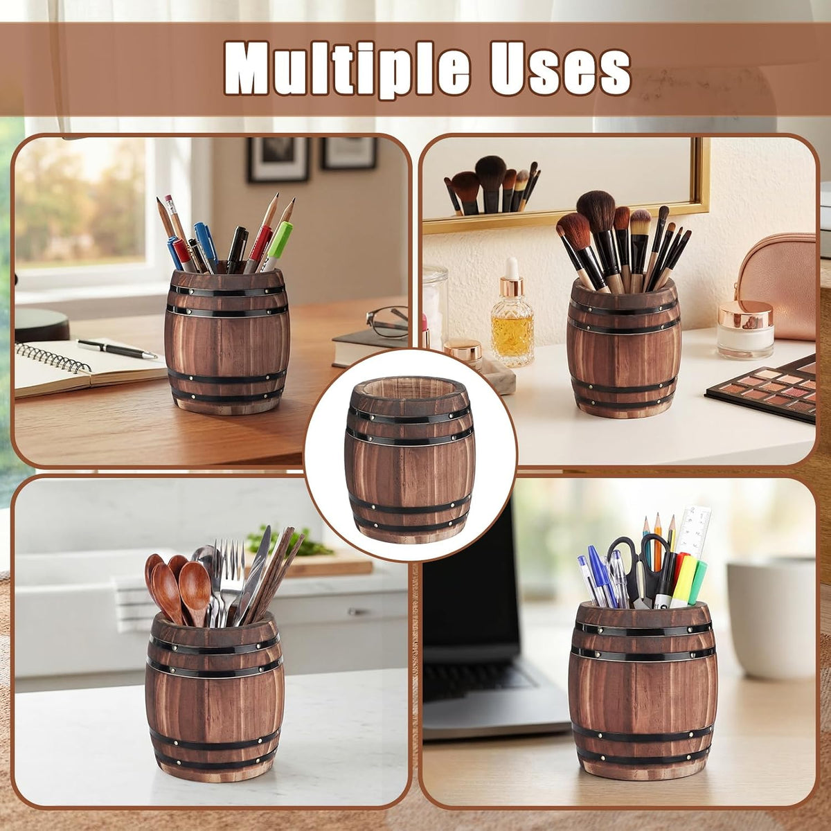 1 Pcs Wine Barrel Wooden Pen Holder, Rustic Office Decor