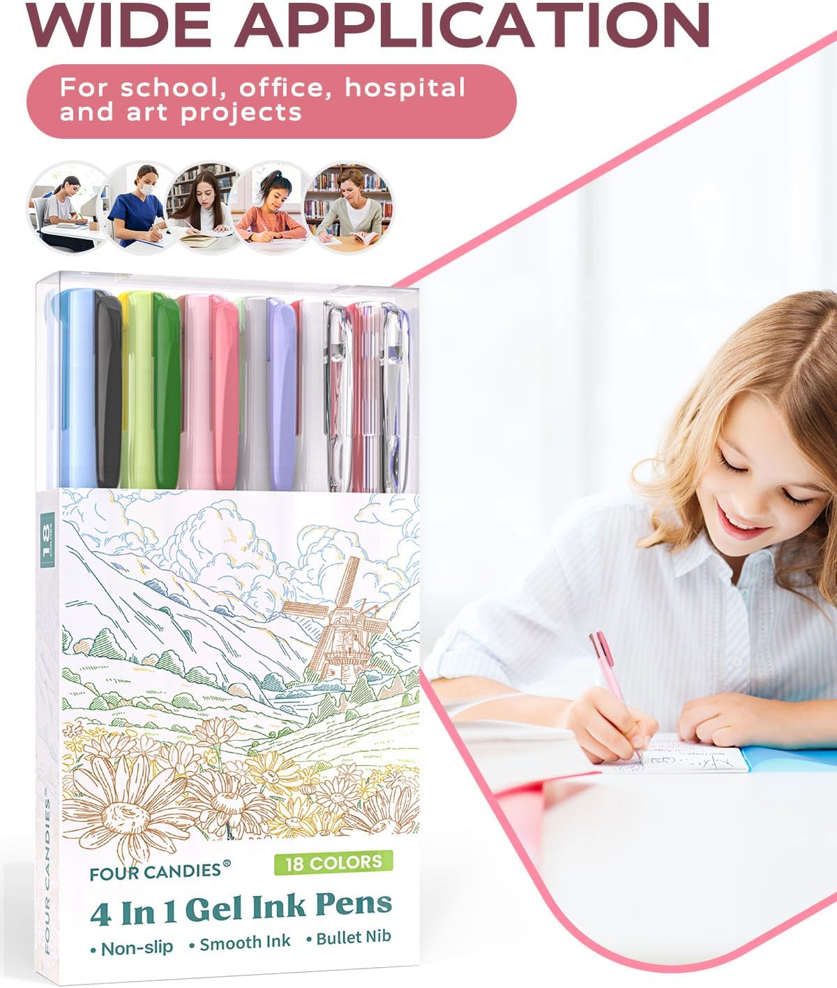 Four Candies Multicolor Pen, 4-in-1 Gel Ink Pens, 6 Pack, 18 Colors, 0.5mm