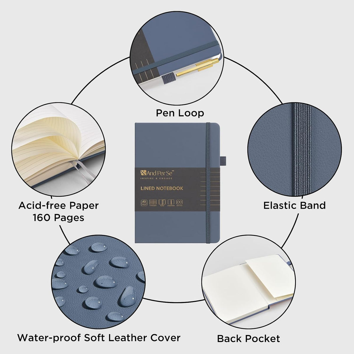 &And Per Se Lined Journal and Pen Set, A5 Leather Hardcover Notebook with Pen & Stationary Set, 160 Pages 100GSM Thick Ruled Paper Journal for Business Work Writing (Dark Blue)