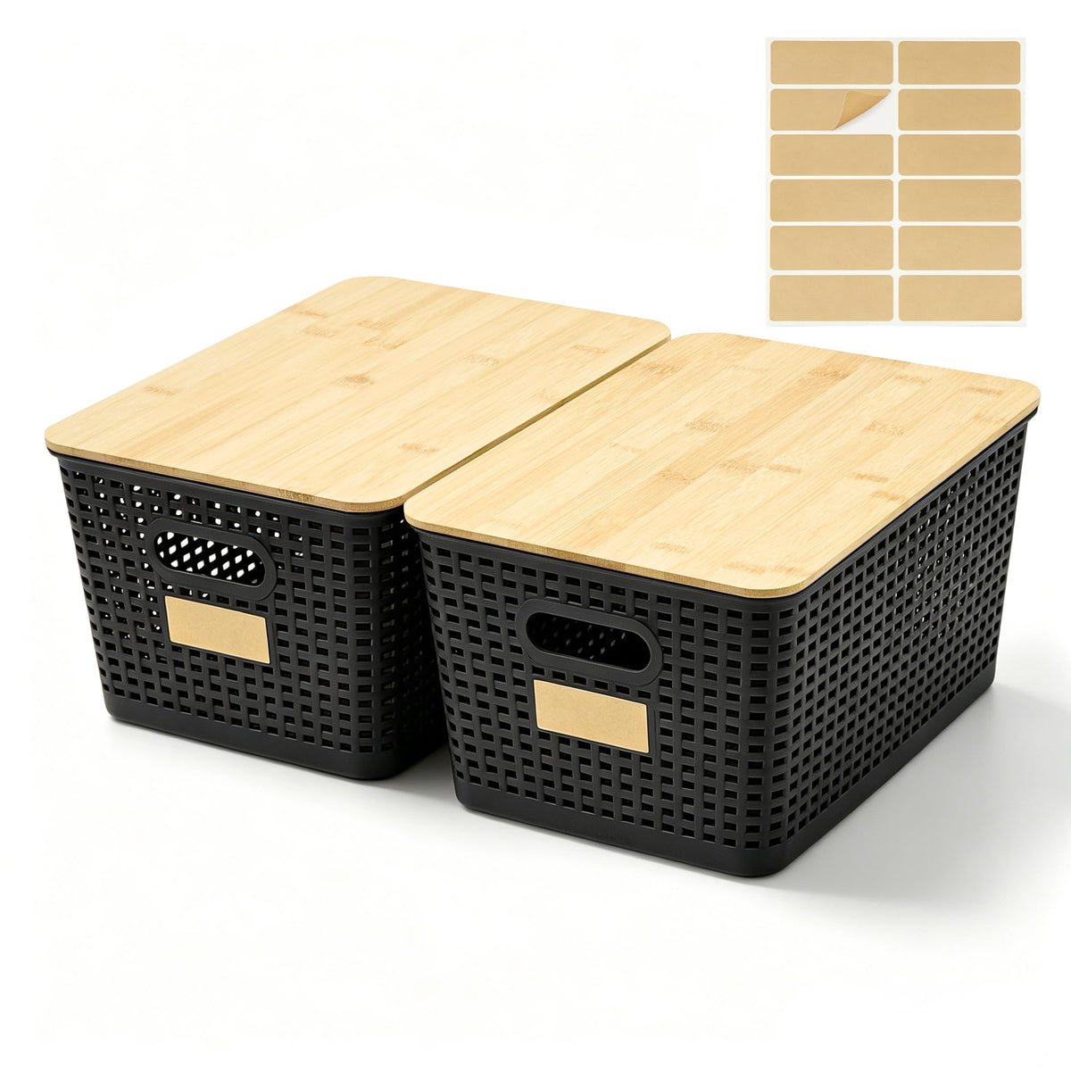 Bagnizer Small Plastic Storage Bins with Bamboo Lids 5.2qt Stackable Box Basket Pantry Decorative Containers Cute with Lable for Organizing Desktop Closet Office Black of 6 packs 10 * 7.2 * 4.1"