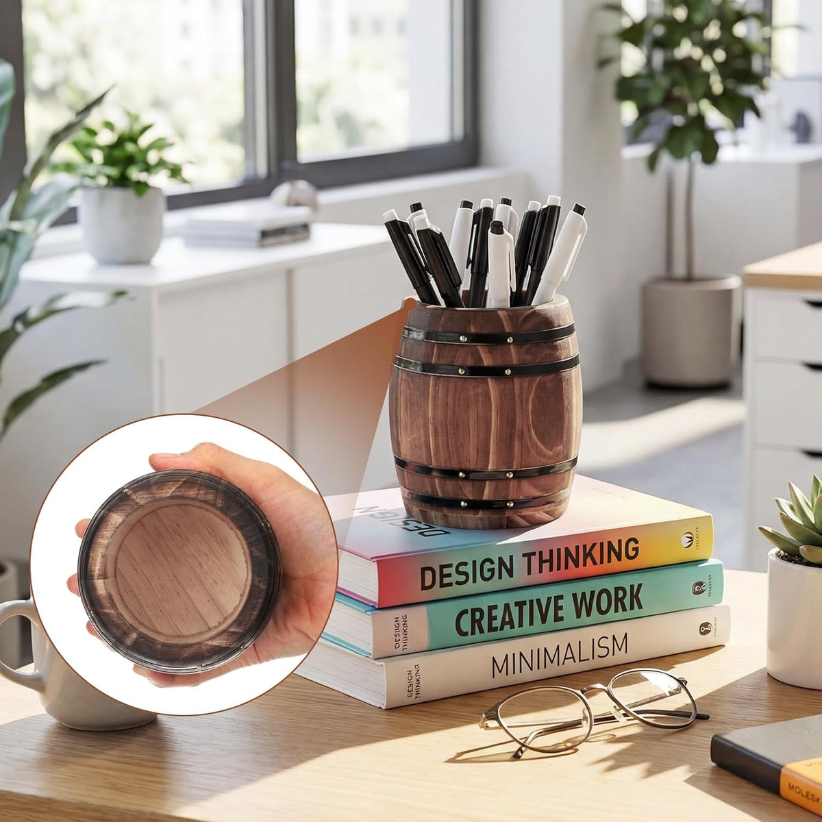 1 Pcs Wine Barrel Wooden Pen Holder, Rustic Office Decor