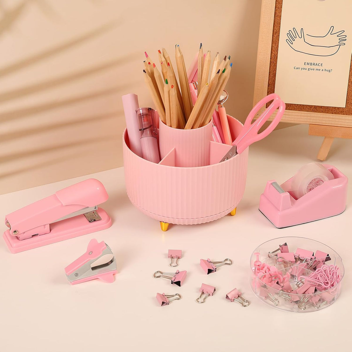 SKYDUE Pink Desk Accessories 11Pcs with Rotating Pen Holder for Desk