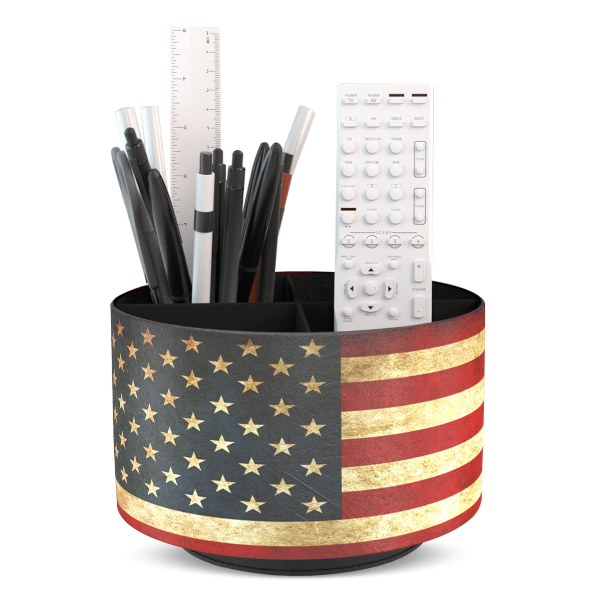 Round Leather Art Supply Organizer,Remote Control Holder,360 Degree Rotating,Multi-Functional Pencil Holder,4 Compartments Desktop Stationary Organizer(1-Fractal Flower)