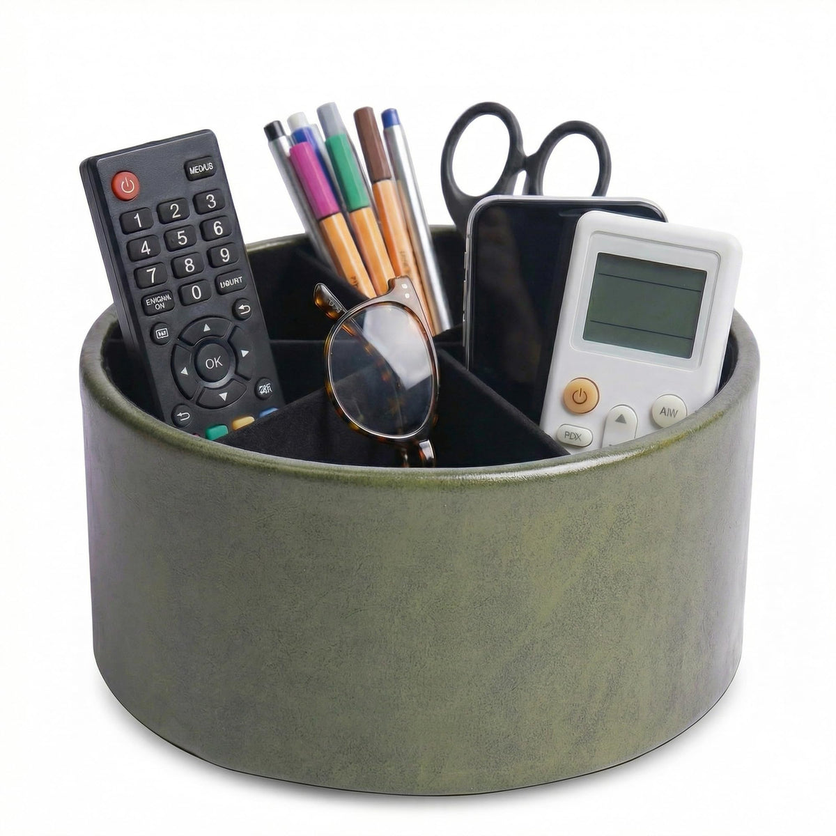Round Leather Art Supply Organizer,Remote Control Holder,360 Degree Rotating,Multi-Functional Pencil Holder,4 Compartments Desktop Stationary Organizer(1-Fractal Flower)