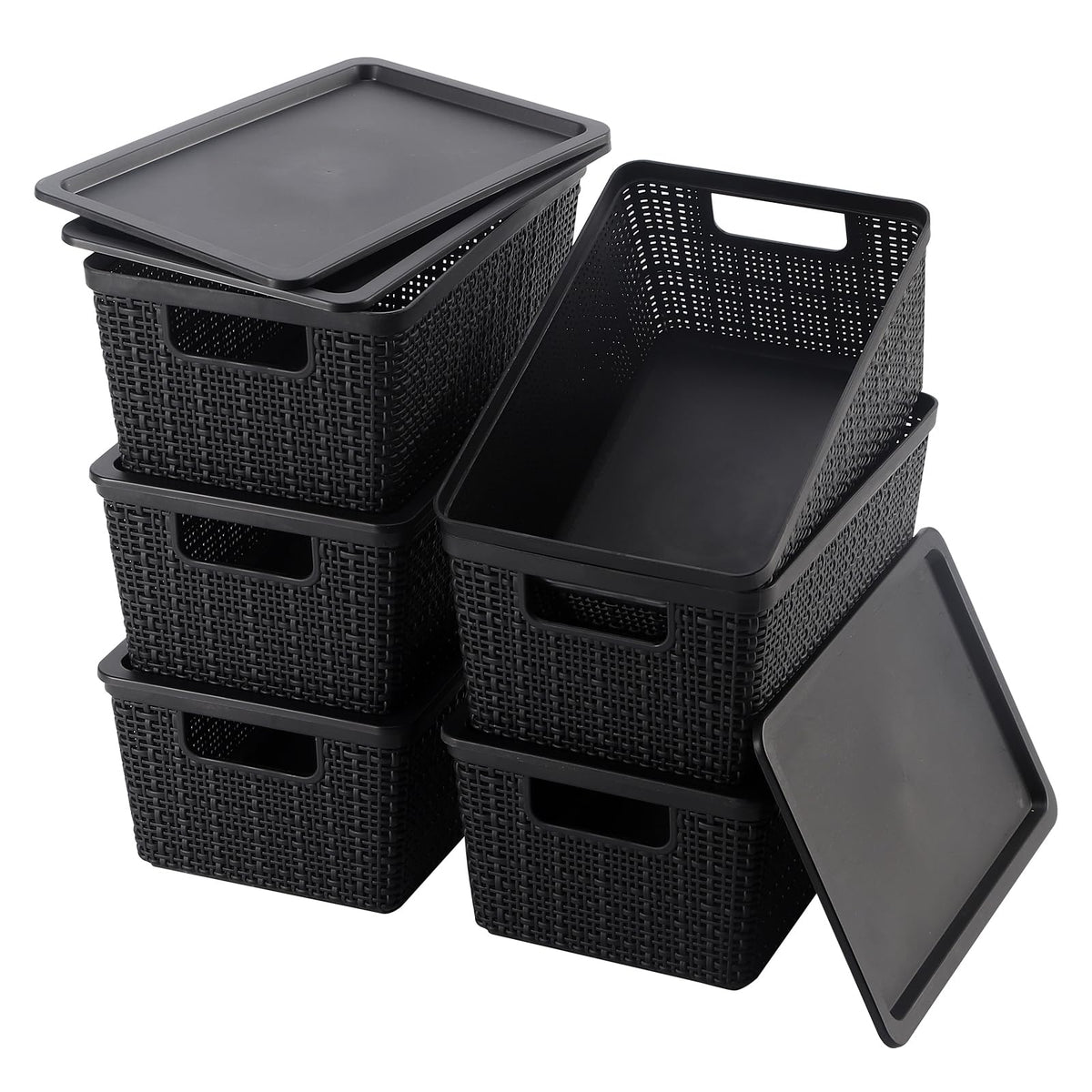 6 Pack Plastic Storage Baskets,Brown bamboo lid storage Box