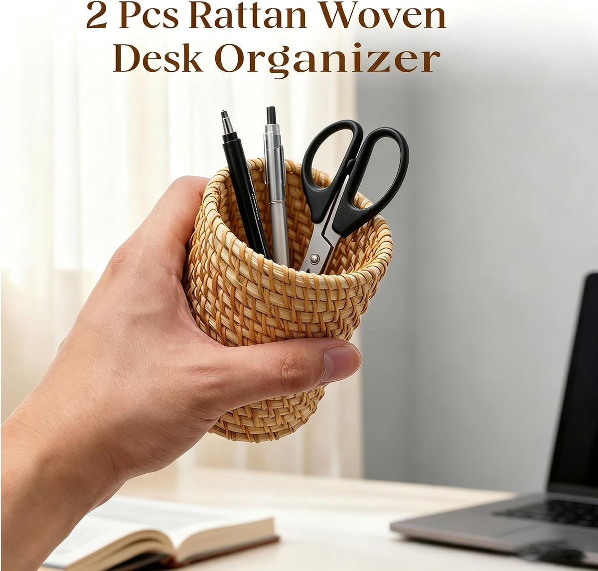 2 Pack Rattan Pencil Holder for Desk Handmade Pen Organizer Bucket Boho Desk Accessories Pen Cup Holder Aesthetic Holder for Desk Cute