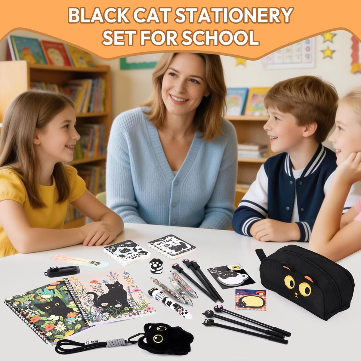 Ulema Cute Black Cat Gifts for Women,30Pcs Stationery Set Birthday Gifts for Boys Girls Back to School and Kawaii Classroom Office Supplies with Black Cat BallPoint Pen, Pencils, Sticky Notes etc.