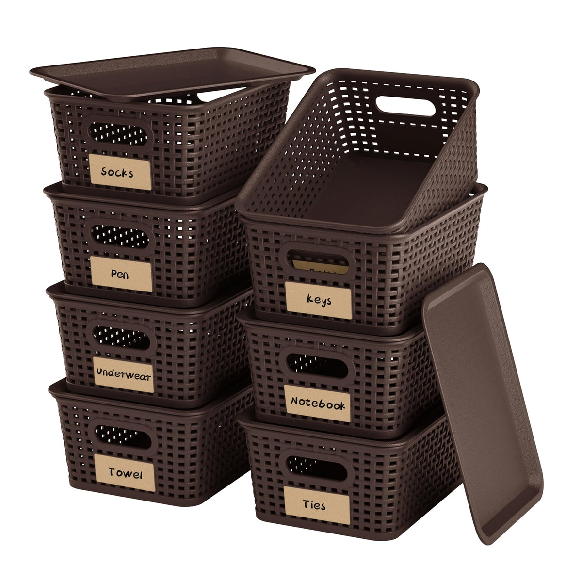 6 Pack Plastic Storage Baskets,Brown bamboo lid storage Box
