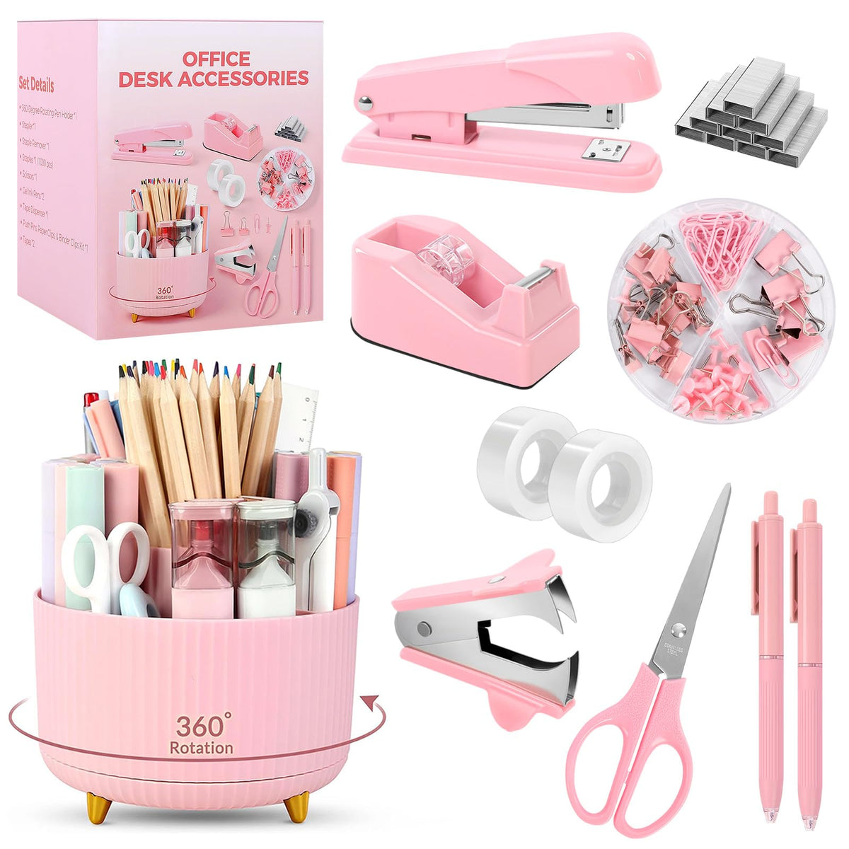 SKYDUE Pink Desk Accessories 11Pcs with Rotating Pen Holder for Desk