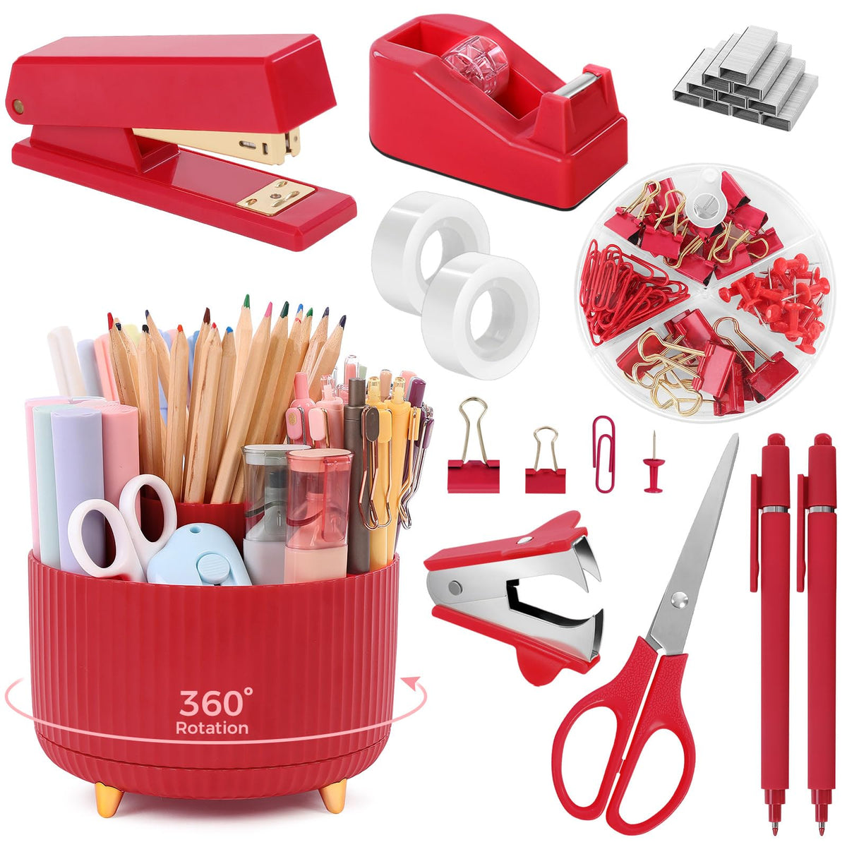 SKYDUE Pink Desk Accessories 11Pcs with Rotating Pen Holder for Desk